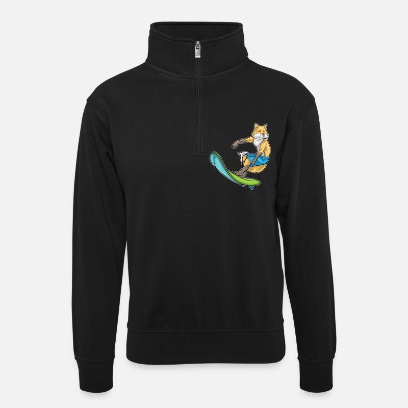 Fuchs Surfer Surfbrett - Unisex Pullover mit Zip-Kragen - Schwarz