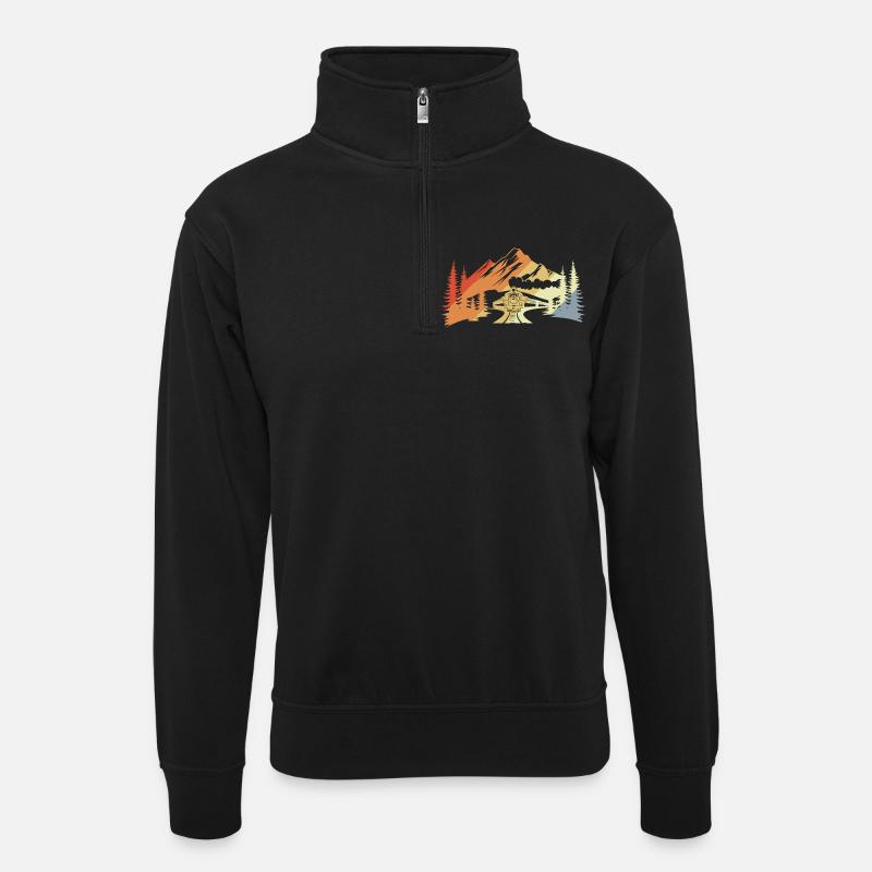 Eisenbahn Zeichnung Retro - Unisex Pullover mit Zip-Kragen - Schwarz
