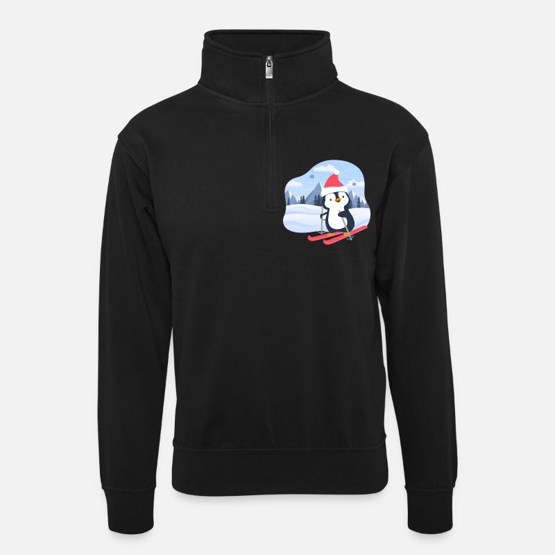Kleiner Pinguin fährt Ski - Unisex Pullover mit Zip-Kragen - Schwarz