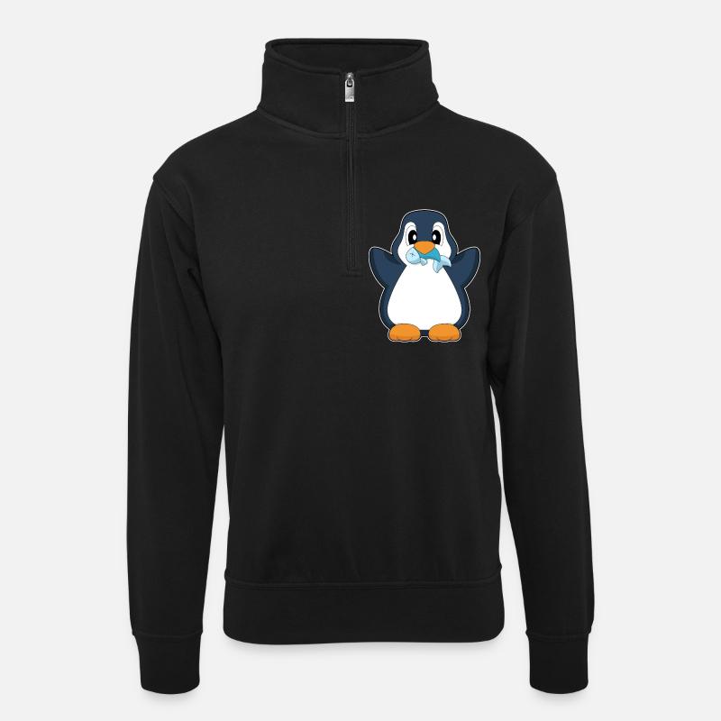 Pinguin Fisch - Unisex Pullover mit Zip-Kragen - Schwarz