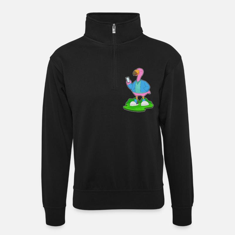 Flamingo Handy - Unisex Pullover mit Zip-Kragen - Schwarz
