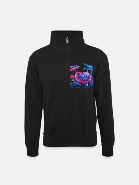 Neon Monstera Plant - Unisex sweater with zip collar - black