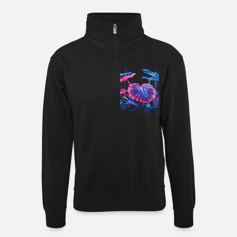 Neon Monstera Pflanze - Unisex Pullover mit Zip-Kragen - Schwarz