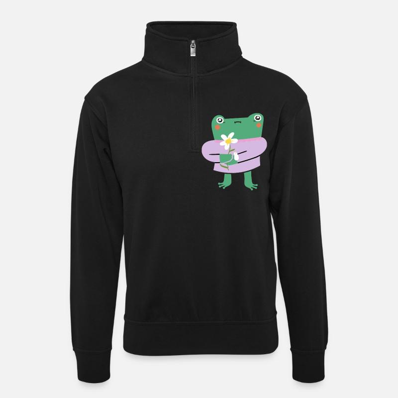Süßer Frosch mit Blume – Wholesome Vibes - Unisex Pullover mit Zip-Kragen - Schwarz