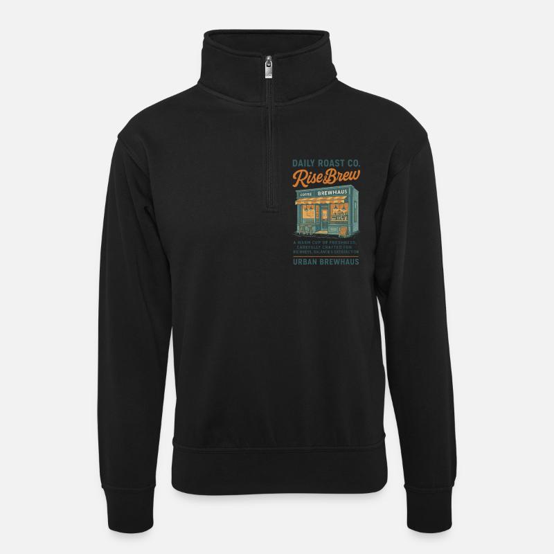 Rise & Brew Urbanes Kaffeehaus-Design - Unisex Pullover mit Zip-Kragen - Schwarz