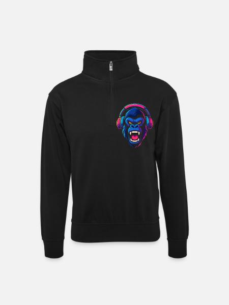 Neon Gorilla With Headphones - Unisex sweater with zip collar - black