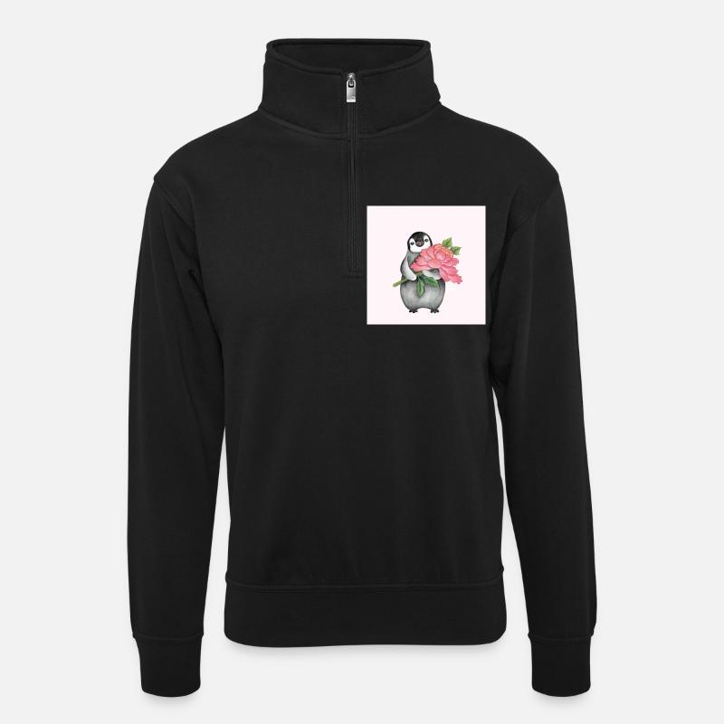 Cute Penguin with Peony - Unisex sweater with zip collar - black