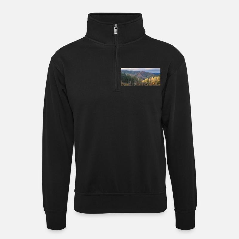 Herbstliche Waldlandschaft mit Sonnenlicht - Unisex Pullover mit Zip-Kragen - Schwarz