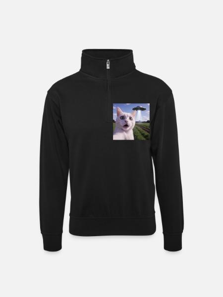 Cat Selfie With Alien Ufo - Unisex sweater with zip collar - black