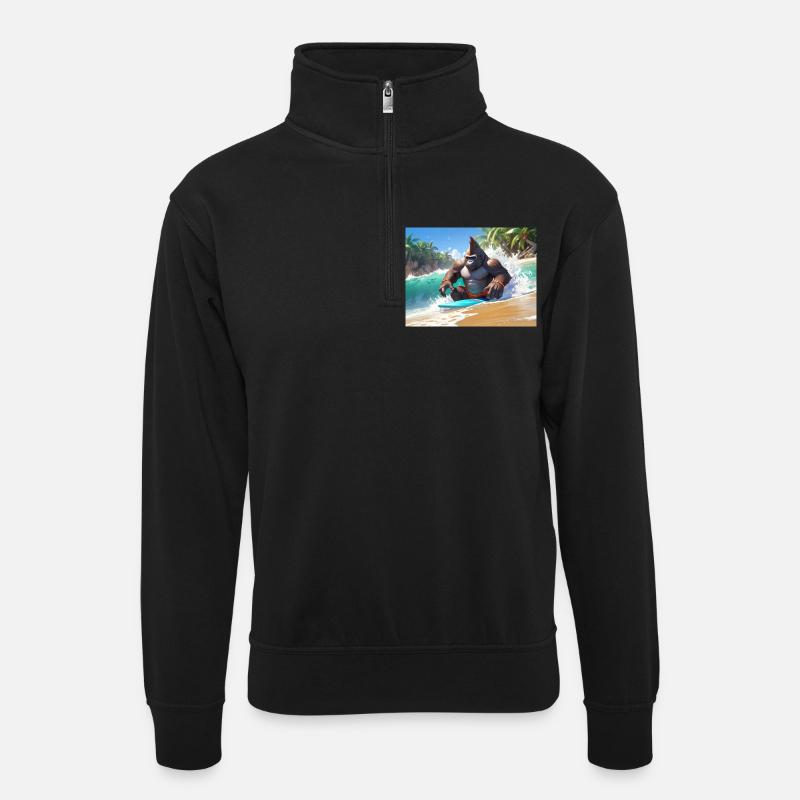 Gorilla surfur tropisch - Unisex Pullover mit Zip-Kragen - Schwarz
