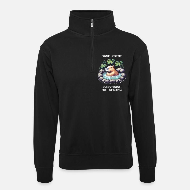 Speicherpunkt: Capybara-Onsen | Entspannung - Unisex Pullover mit Zip-Kragen - Schwarz