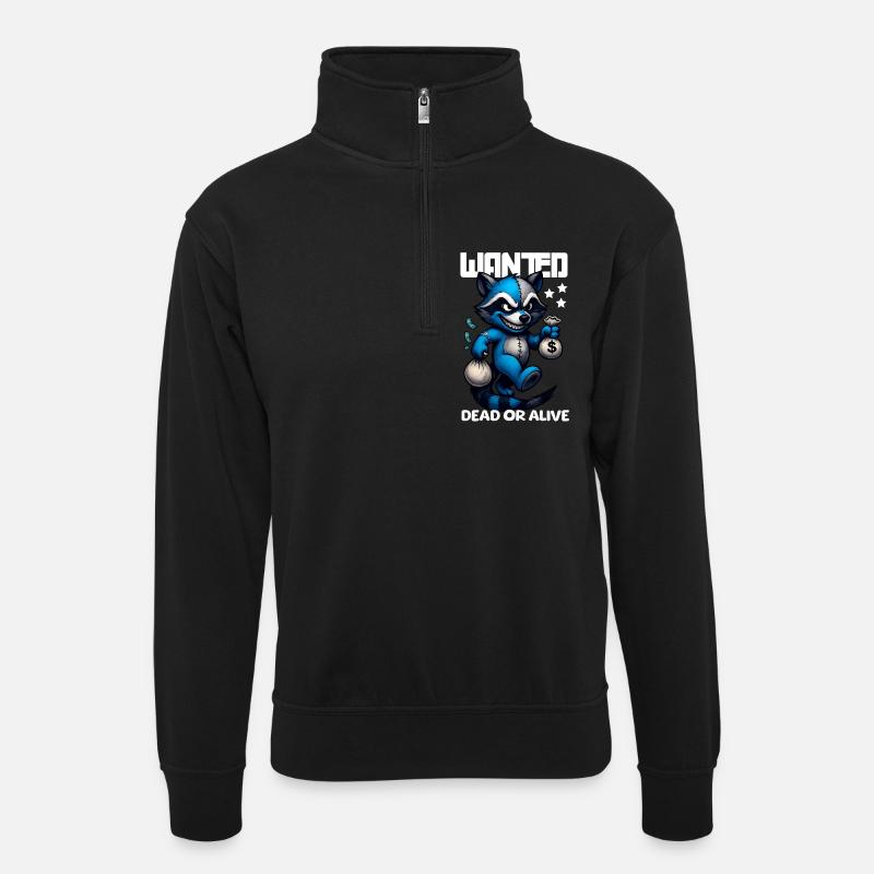 Wanted Waschbär Bandit lustig - Unisex Pullover mit Zip-Kragen - Schwarz