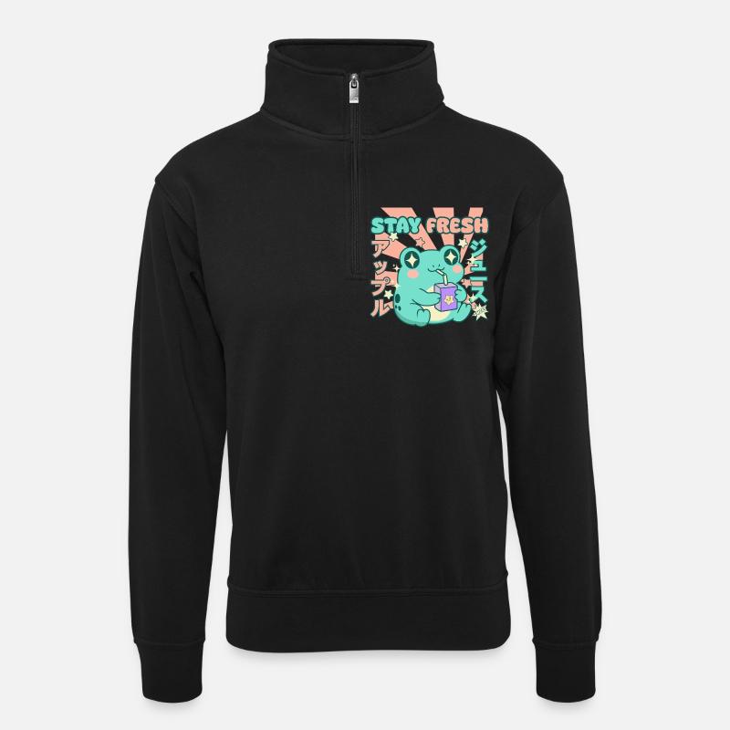 Kawaii Frosch - Stay Fresh - Unisex Pullover mit Zip-Kragen - Schwarz