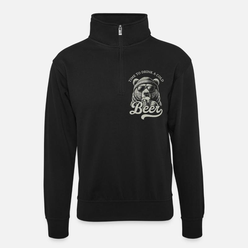 Bierzeit Bär mit Sonnenbrille - Unisex Pullover mit Zip-Kragen - Schwarz