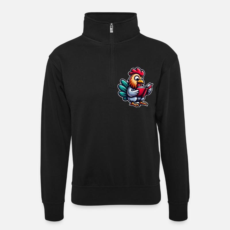 Reading rooster in comic style - Unisex sweater with zip collar - black