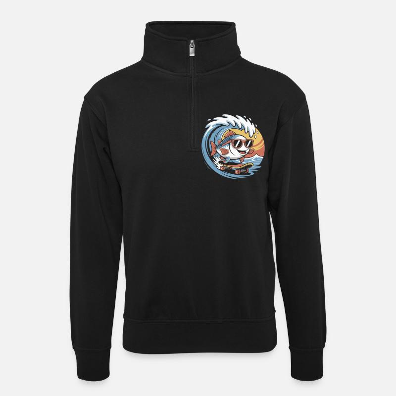 Surfender Fisch mit Sonnenbrille - Unisex Pullover mit Zip-Kragen - Schwarz