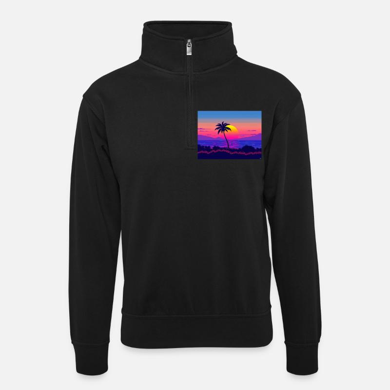 Neon Palm Sunset Gradient - Unisex sweater with zip collar - black