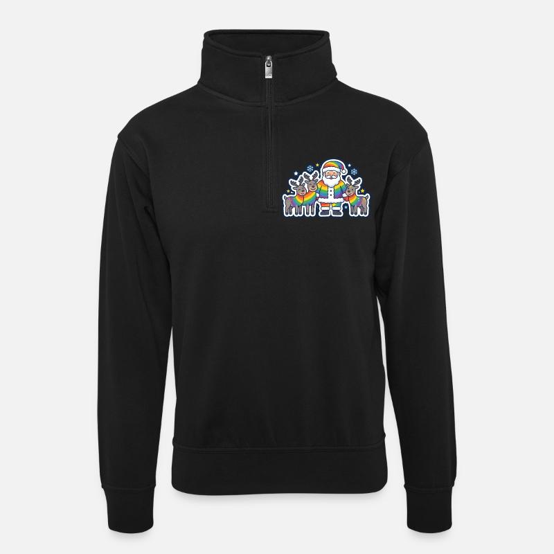 Regenbogen-Weihnachtsmann mit seinen Regenbogenrentieren - Unisex Pullover mit Zip-Kragen - Schwarz