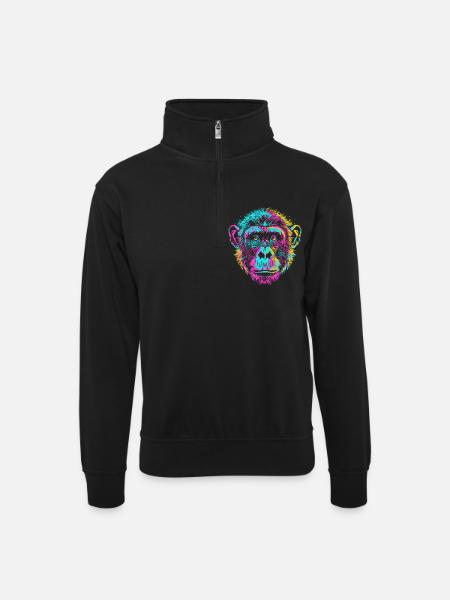 Bunter Schimpanse im Neon-Art Stil - Unisex Pullover mit Zip-Kragen - Schwarz