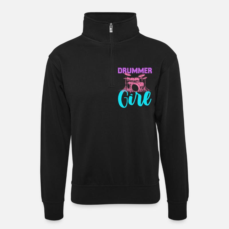 Drummer Girl Neon Pastel - Unisex Pullover mit Zip-Kragen - Schwarz