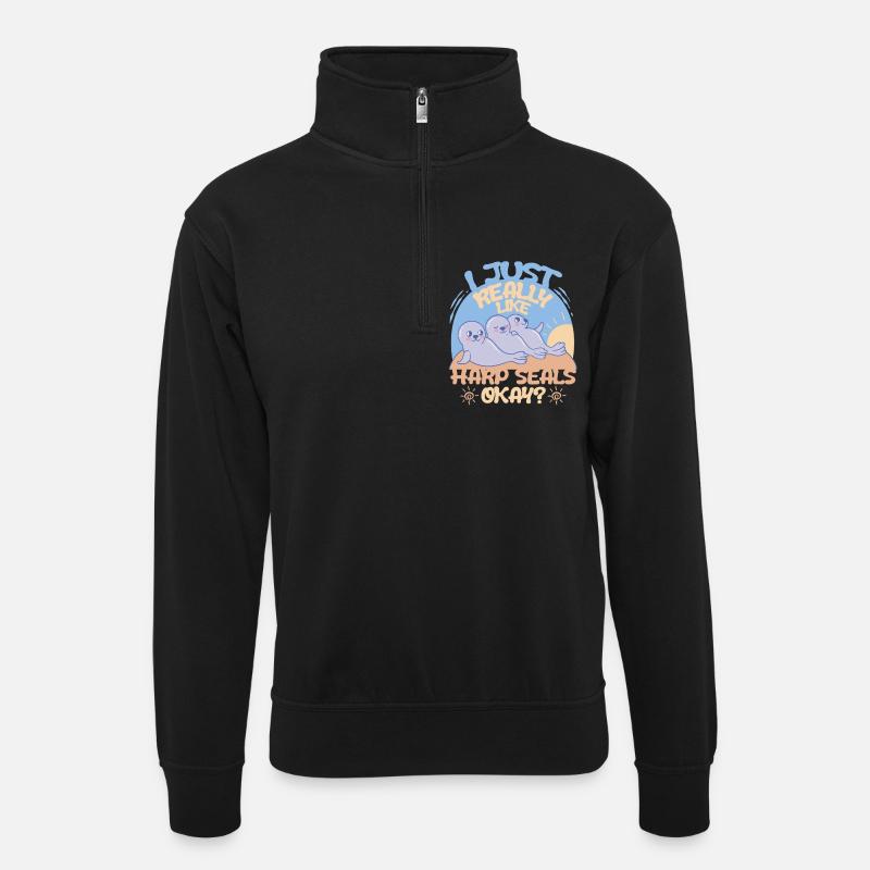 Sattelrobbe Robben Really Like Harp Seals - Unisex Pullover mit Zip-Kragen - Schwarz