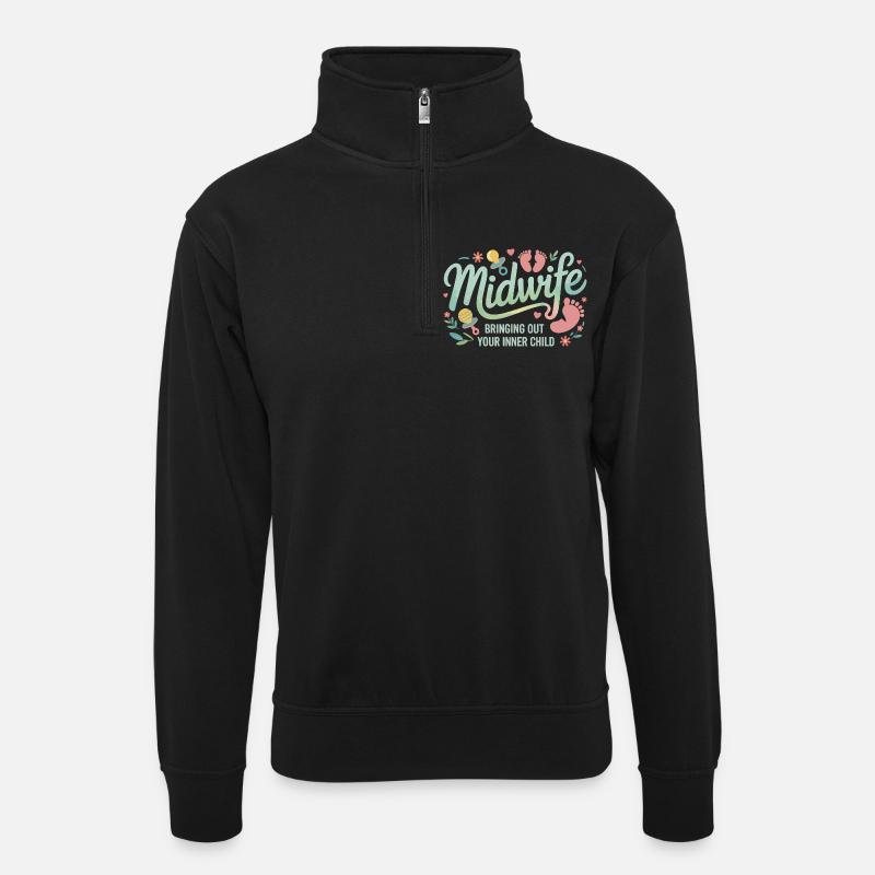 Midwife Inner Child Bloom - Unisex Pullover mit Zip-Kragen - Schwarz