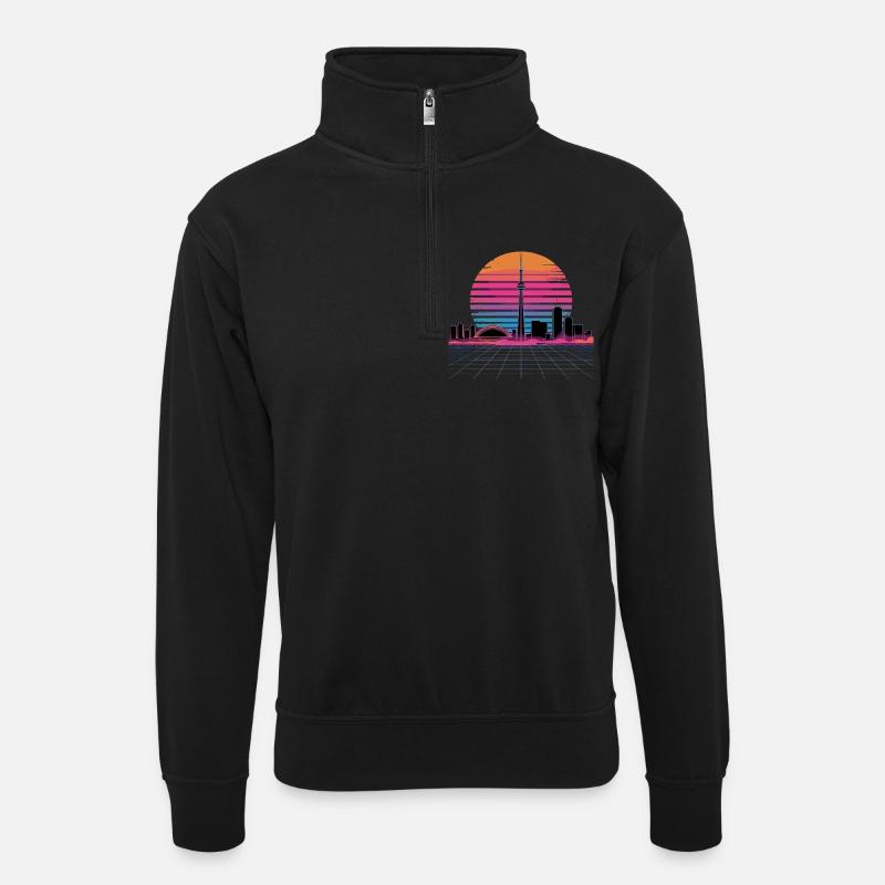 Neon Skyline Retro Sunset - Unisex sweater with zip collar - black