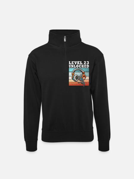 Level 23 Unlocked mit Kopfhörern - Unisex Pullover mit Zip-Kragen - Schwarz