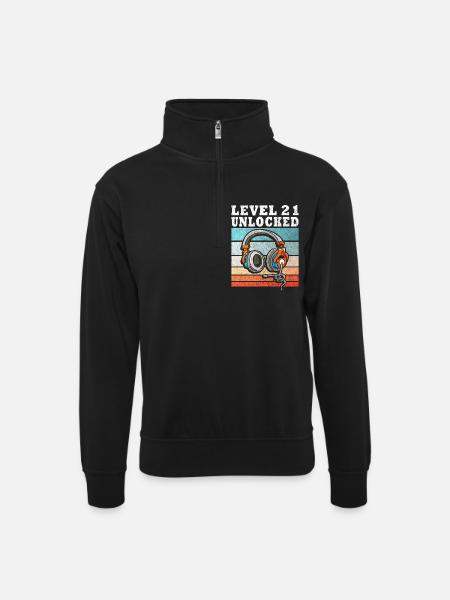 Level 21 Unlocked Kopfhörer - Unisex Pullover mit Zip-Kragen - Schwarz