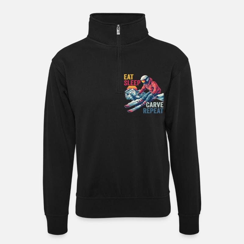 Carve Repeat Ski-Design - Unisex Pullover mit Zip-Kragen - Schwarz