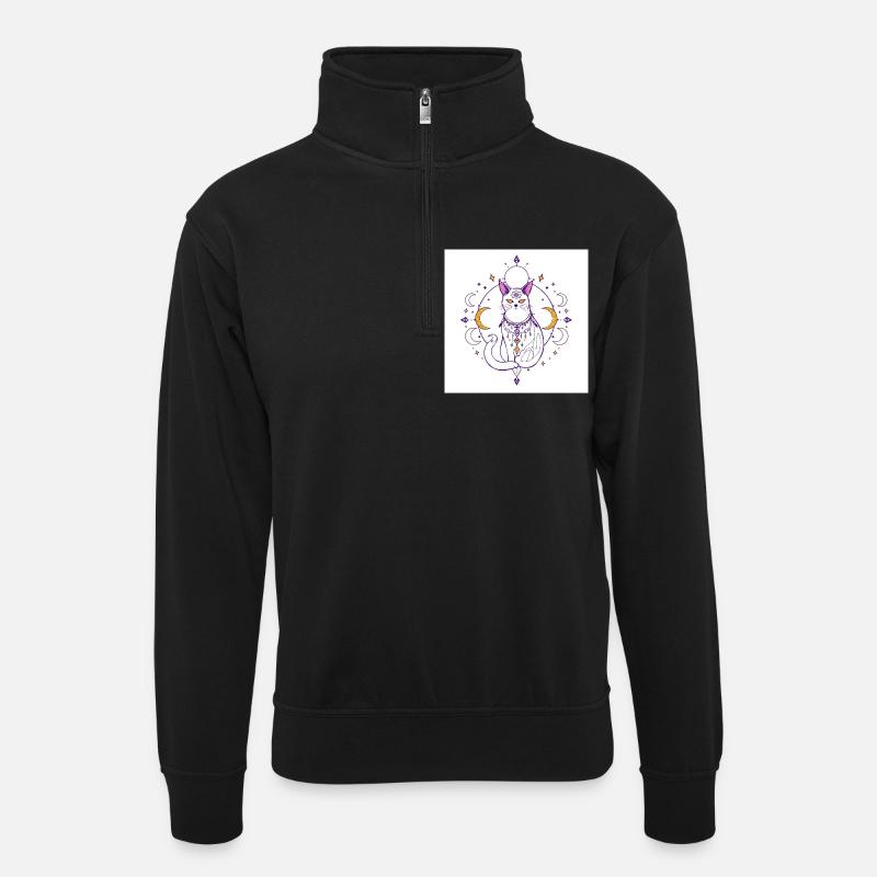 mystisch-Katze-Mond-himmlisch-A - Unisex Pullover mit Zip-Kragen - Schwarz