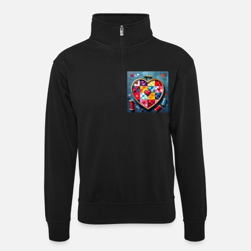 Art patchwork en cœur - Sweat col montant zippé unisexe - noir
