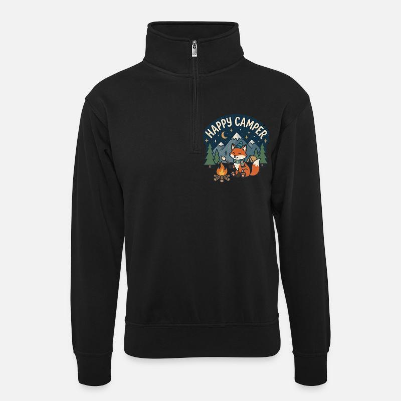 Happy Camper Fox Night Camp - Unisex Pullover mit Zip-Kragen - Schwarz