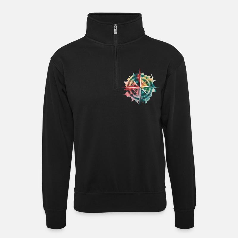 Farbenfrohes Reisekompass-Gemälde-Druck - Unisex Pullover mit Zip-Kragen - Schwarz