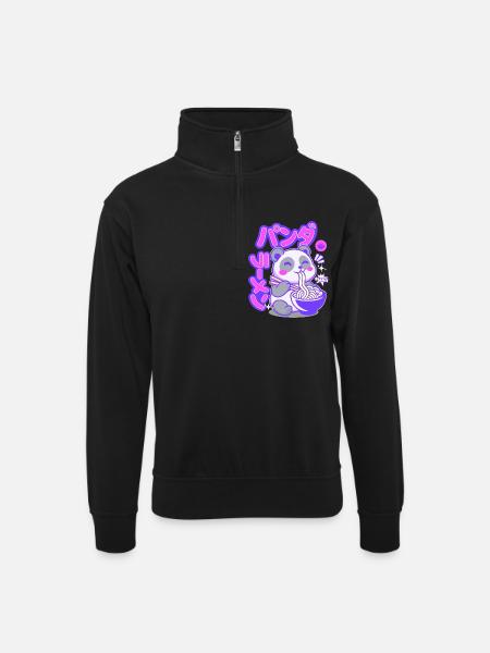Panda mit Ramen Nudeln  - Unisex Pullover mit Zip-Kragen - Schwarz