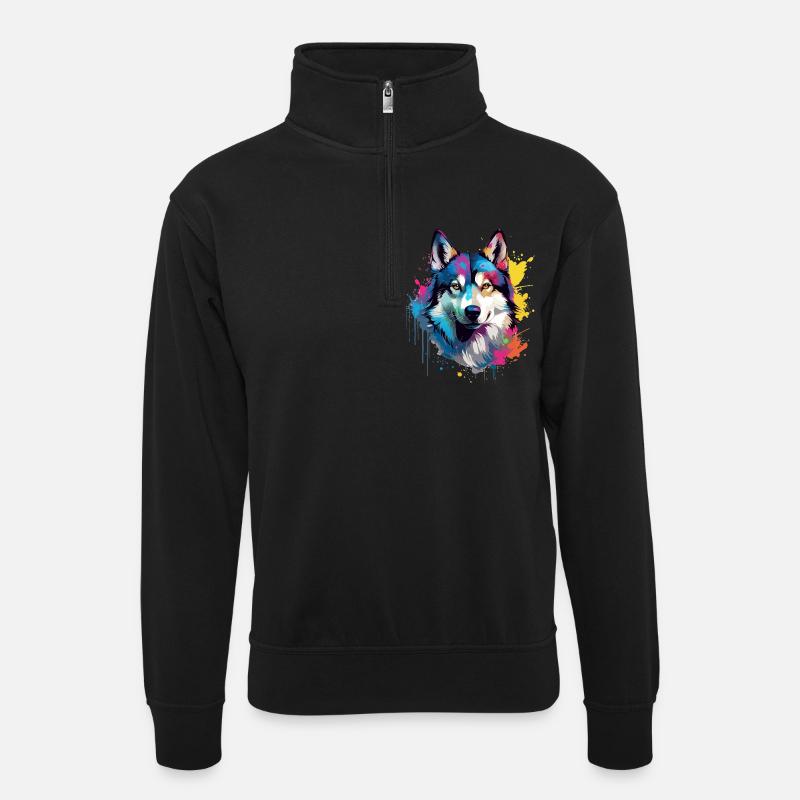 Dog Husky Bunte Spritzkunst - Unisex Pullover mit Zip-Kragen - Schwarz