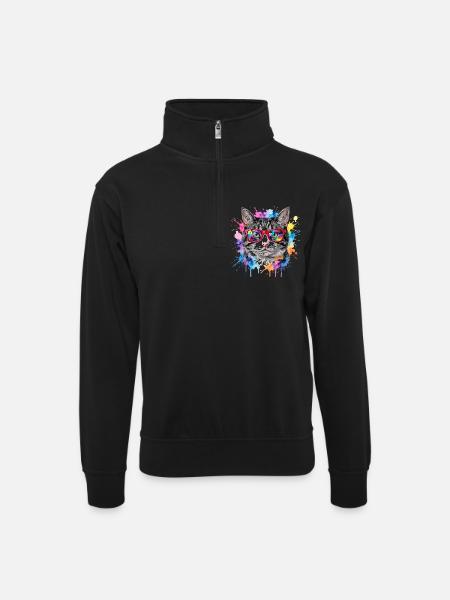 Katzengesicht im Regenbogen-Aquarell Geschenk - Unisex Pullover mit Zip-Kragen - Schwarz