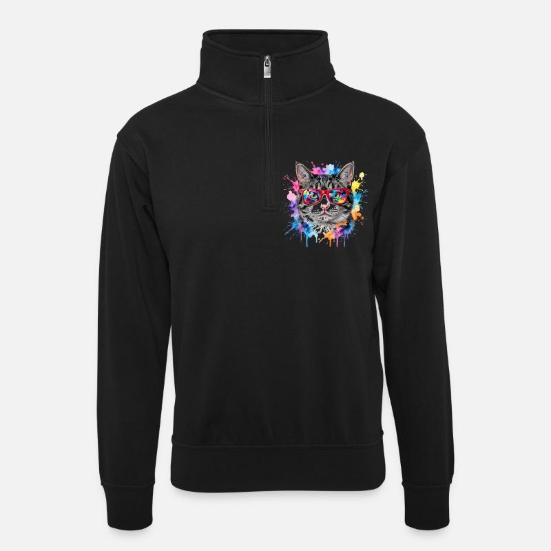 Katzengesicht im Regenbogen-Aquarell Geschenk - Unisex Pullover mit Zip-Kragen - Schwarz