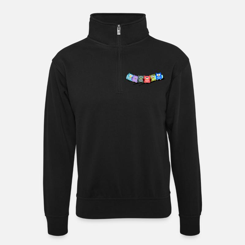 Cooles buntes Eulen Motiv - Unisex Pullover mit Zip-Kragen - Schwarz