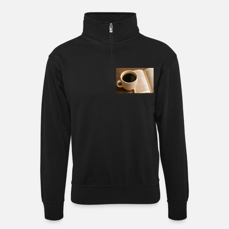 Buch und Kaffee - Unisex Pullover mit Zip-Kragen - Schwarz