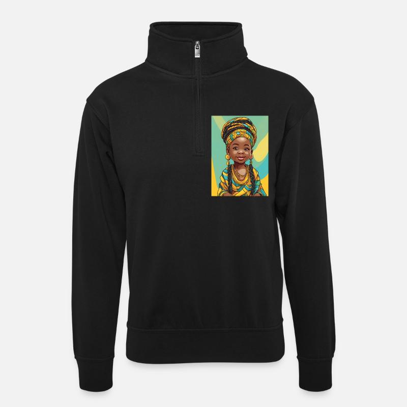 Buntes Afro-Porträtkind - Unisex Pullover mit Zip-Kragen - Schwarz