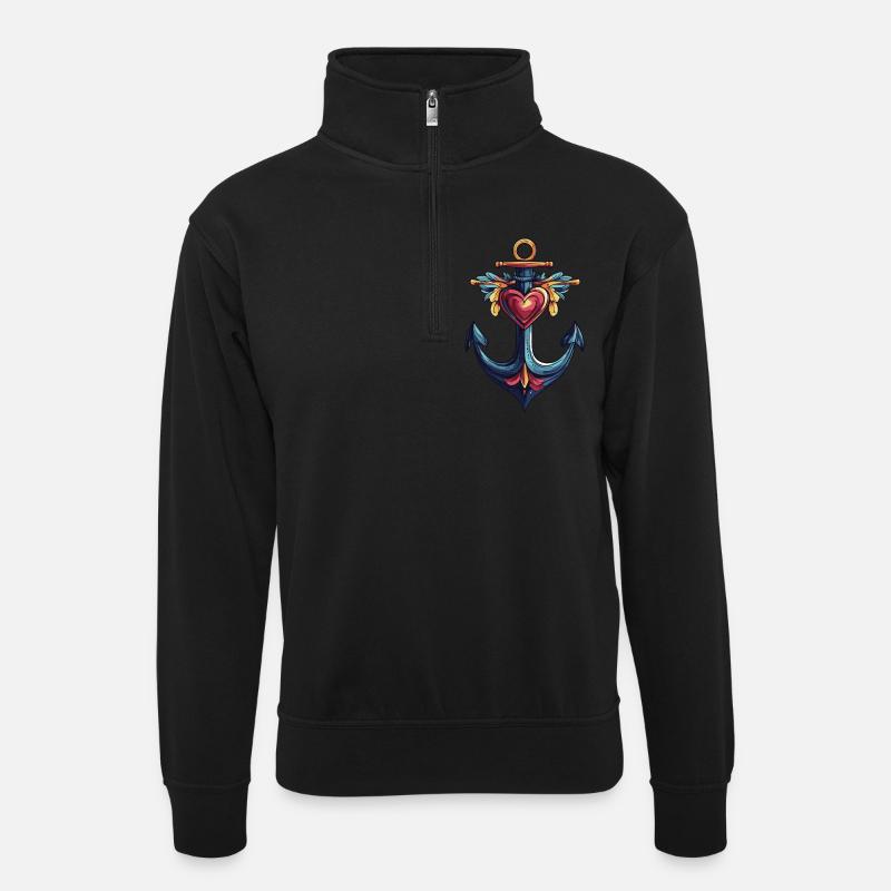 Anker Symbol Herz - Unisex Pullover mit Zip-Kragen - Schwarz