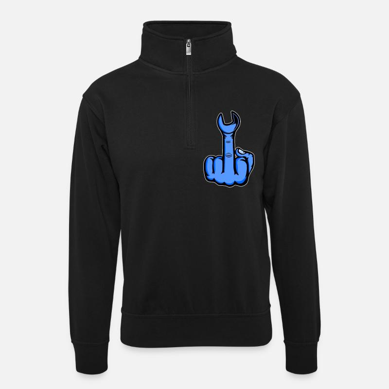 Blue middle finger with wrench - Unisex sweater with zip collar - black