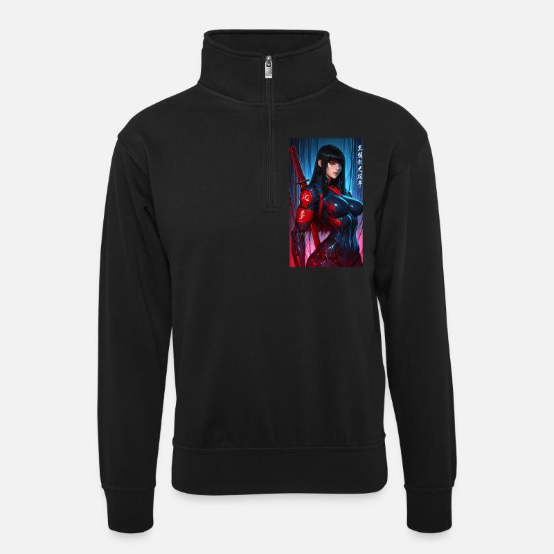 3D Sci-Fi Cyberpunk-Samurai-Kriegerin mit Katana - Unisex Pullover mit Zip-Kragen - Schwarz