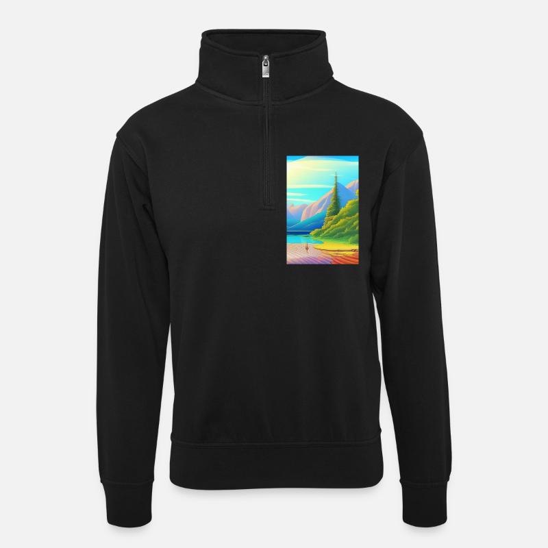 Landschaft mit See, Boot und Berge - Unisex Pullover mit Zip-Kragen - Schwarz