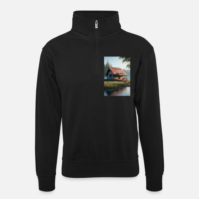 Charmante Hütte am See - Unisex Pullover mit Zip-Kragen - Schwarz