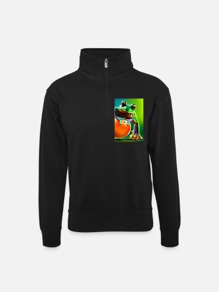 Bunter Frosch - Unisex Pullover mit Zip-Kragen - Schwarz