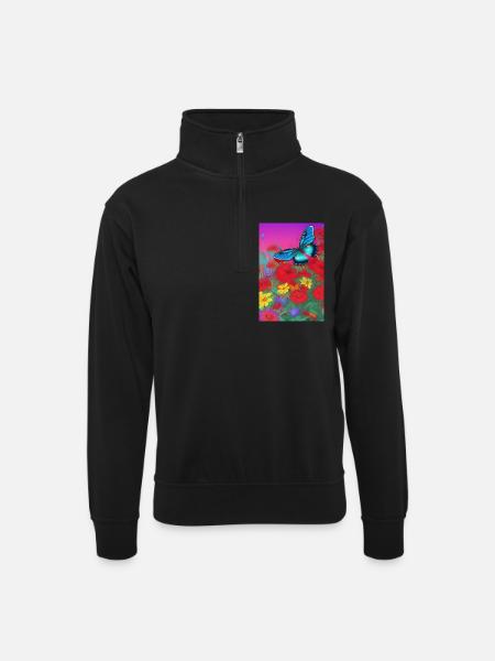Fleurs et papillon - Sweat col montant zippé unisexe - noir