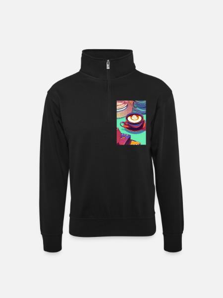 Coffee, coffee beans - Unisex sweater with zip collar - black