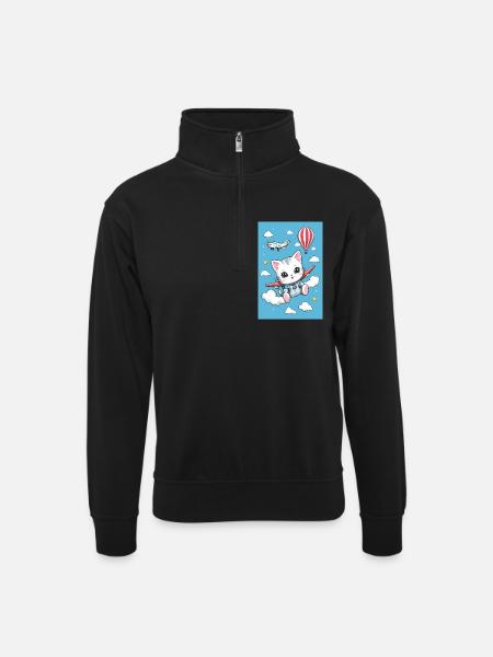 Cute Flying Cat - Unisex sweater with zip collar - black